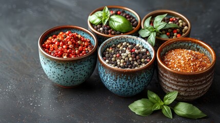   Four bowls, each holding distinct spices, sit adjacent to a vibrant, leafy green plant against a black backdrop
