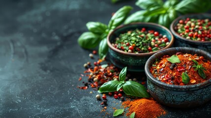   Three bowls, each holding distinct spices, sit beside basil leaves and pepper flakes against a dark backdrop