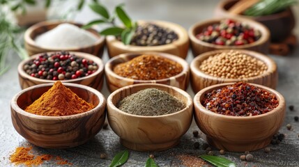   A table is laden with an assortment of wooden bowls, each brimming with various types of spices Herbs rest atop the table alongside these containers