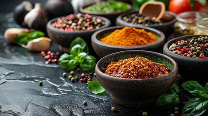   A table, laden with bowls of various spices, stands beside pepper, basil, garlic, and tomatoes