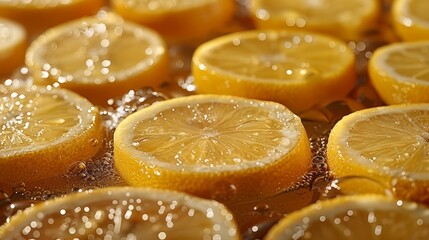   A collection of sliced lemons atop a metal pan, surrounded by water droplets