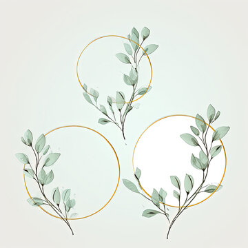 a three circular frames with leaves on them on a white background
