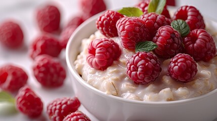   A bowl of oatmeal topped with raspberries and a sprig of mint on a pristine white plate