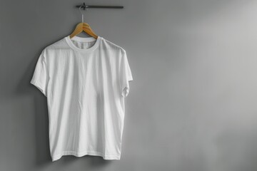   A white T-shirt hangs on a wooden hanger against a gray wall