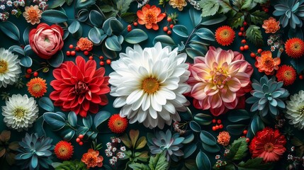   A tight shot of a flower cluster, showcasing petals above and leaves below, intermixed with berries - obrazy, fototapety, plakaty