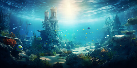 Fototapeta na wymiar The castle in the ocean mystery submerged enchantment with water background 