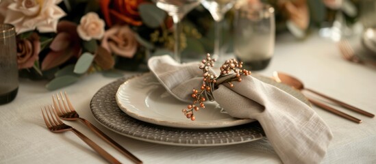 Close-up of a festive table arrangement featuring linen napkins and rose gold cutlery.