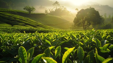 tea plantation with fog at the morning time - Powered by Adobe