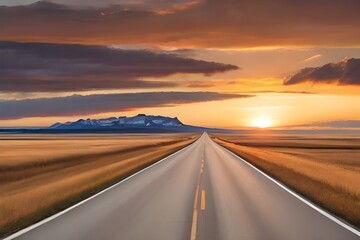 Straight road through rural landscape at sunset, Alberta, Canada Generative AI