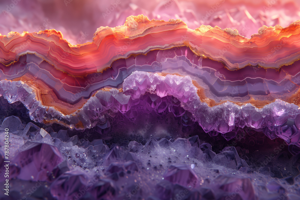 Wall mural close up of purple and orange amethyst crystals natural wallpaper background