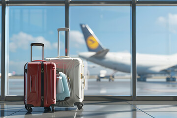 Travel concept: Suitcases in airport with airplane at background