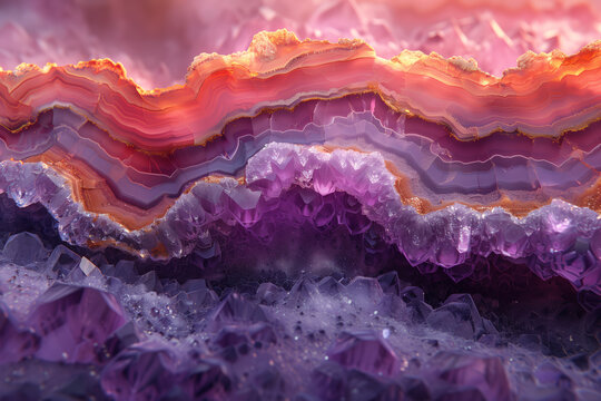Close up of purple and orange amethyst crystals natural wallpaper background