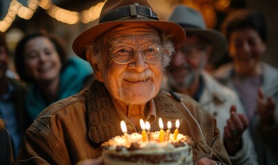 An older man holding a cake with lit candles on it. Generative AI. - Powered by Adobe