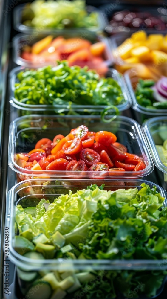 Poster a close up of a bunch of different vegetables in plastic containers. generative ai.