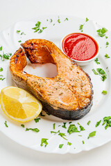 grilled salmon with tomato sauce - 787805249
