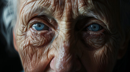 an elderly woman with deep wrinkles, expressive eyes telling a life story