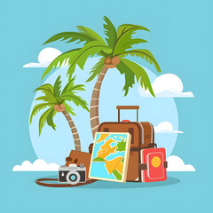 Summer holiday background with hat, plane, suitcase and copy space..