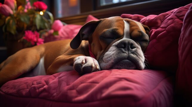 Boxer dog peacefully asleep on a plush and cozy sofa