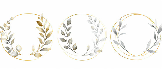 three oval frames with gold and silver leaves on them