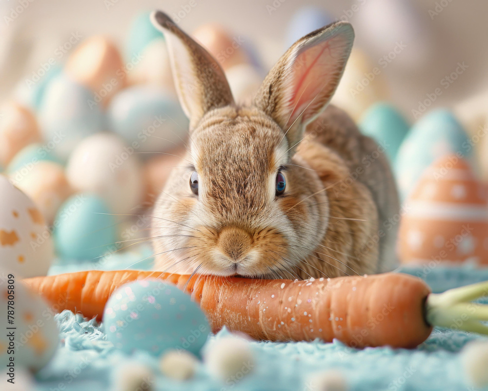 Poster a rabbit eating a carrot in front of a bunch of eggs. generative ai.