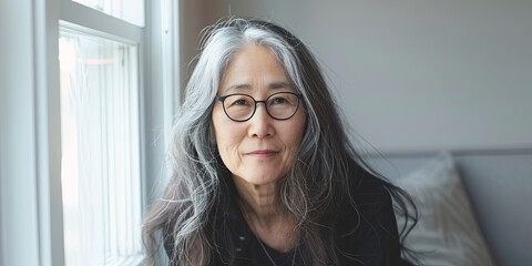 portrait of an Asian woman in her fifties with long hair and glasses, generative AI - obrazy, fototapety, plakaty