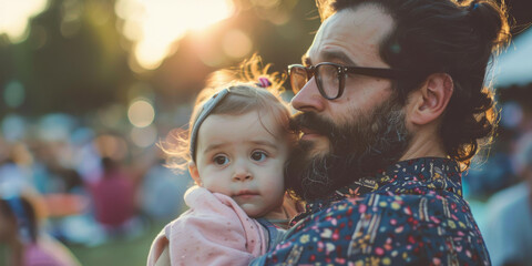 A man with glasses holding a baby in his arms. Generative AI.