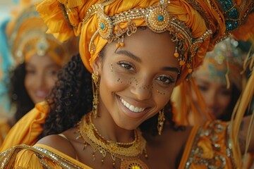 A woman in a costume with a big smile and gold jewelry. Generative AI.