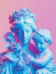 A statue of a woman holding a baby with a rose in her hand. Generative AI.