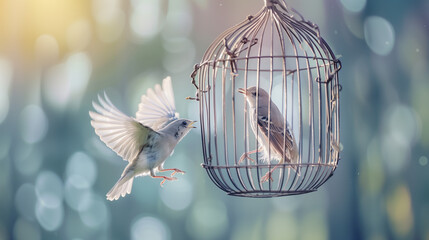 Bird flies out of the cage. freedom concept.