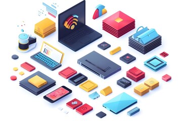Minimalist D of Modern Data Storage and Technology Platforms on White Background