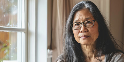 portrait of an Asian woman in her fifties with long hair and glasses, generative AI - obrazy, fototapety, plakaty