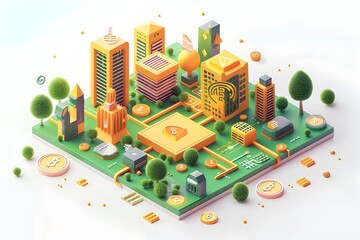 Vibrant Crypto Farm A Futuristic Isometric Cityscape with Towering Skyscrapers and Lush Greenery