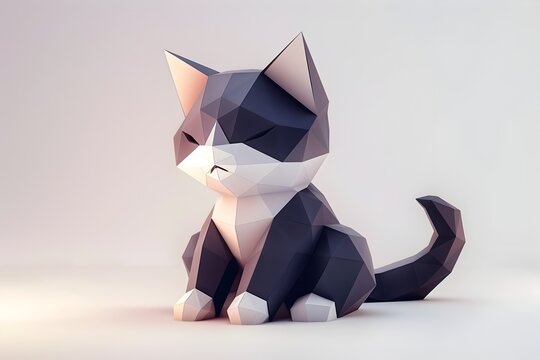Elegant Geometric Cat Figurine in Monochrome Tones with Minimalist Low Poly Design and Isometric Render on Clean White Background