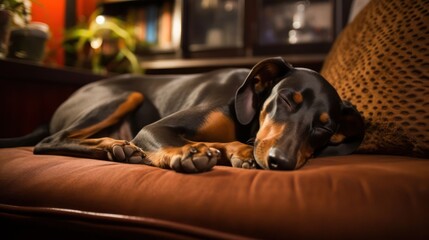 Doberman Pinscher dog peacefully asleep on a plush and cozy sofa