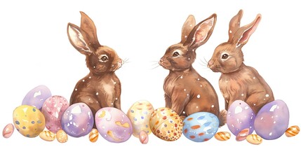 Fototapeta na wymiar Chocolate bunnies and eggs for Easter, watercolor illustration white background for removing background