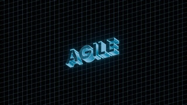 3D-rendered "AGILE" text emerges against a futuristic grid background with glitch effects. It transforms into a blue glowing holographic effect with flashing animation, futuristic technology.