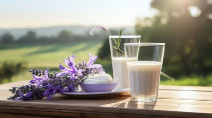 glass of fresh milk surrounded by delicate lavender blooms