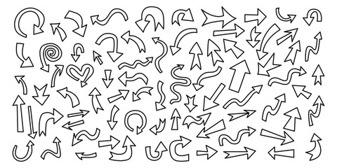 Set of black, hand drawn, doodle spiral arrows.