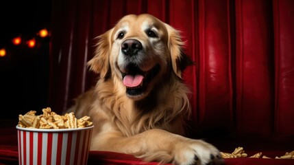Golden Retriever joyfully munching on popcorn - obrazy, fototapety, plakaty