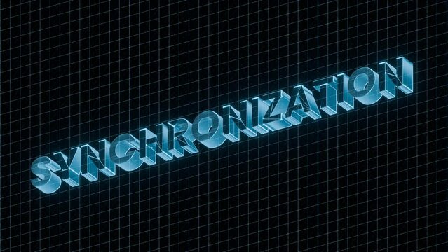 3D-rendered "synchronizatio" text emerges against a futuristic grid background with glitch effects. It transforms into a blue glowing holographic effect with flashing animation, futuristic technology.