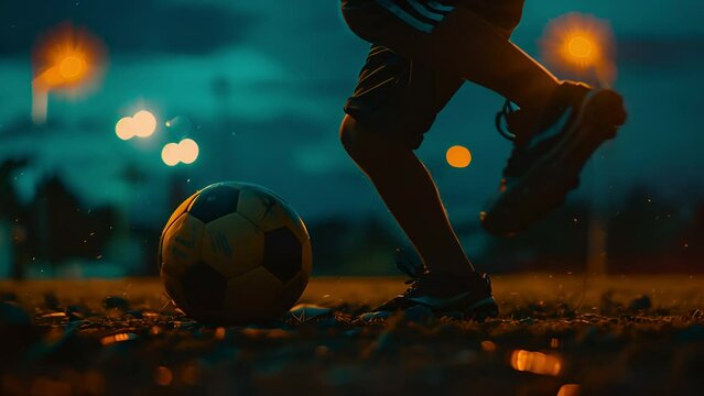 Teenagers foot kicking a soccer ball backlit by floodlights. Pushing shot in slow motion freezing the action.