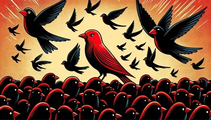 Illustration of Red Cardinal Among Black Birds - obrazy, fototapety, plakaty