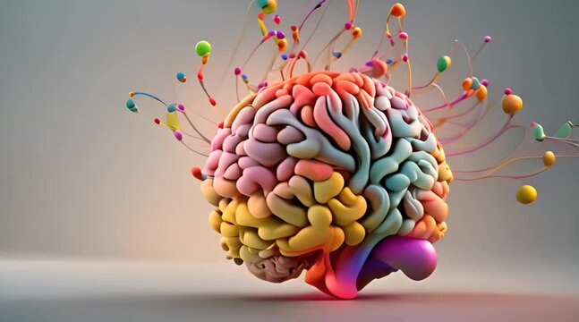 Vibrant brain bursts with creativity, its colorful balloons floating upwards, symbolizing the boundless potential of the human mind