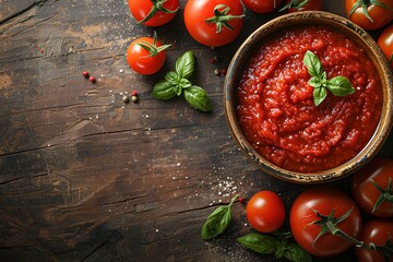 A bowl of tomato sauce surrounded by tomatoes and basil leaves on a wooden table with a spoon and a