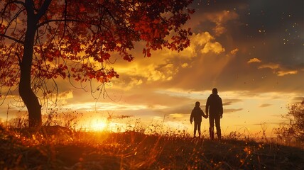 Silhouette of family looking for the autumn sunrise background