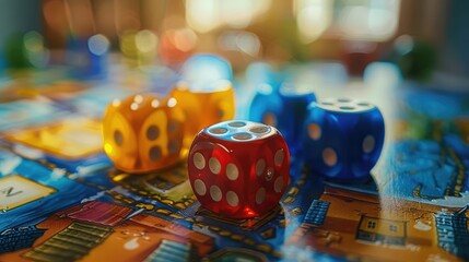 Close-up of vibrant red, yellow, and blue dice on a colorful board game, highlighting details and the concept of strategy and luck. - Powered by Adobe