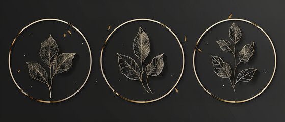 Obraz na płótnie Canvas three oval metal artwork pieces with gold leaves on a black background