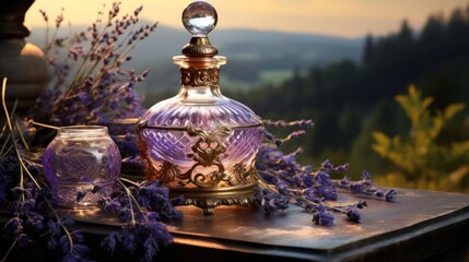 perfume bottle surrounded by the fresh aroma of lavender and chamomile1