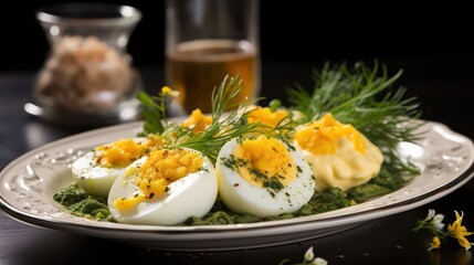 plate of creamy and savory deviled eggs garnished with chives