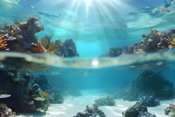 Beautiful summer nature scene with underwater view of turquoise ocean and sunlight. Generative AI
